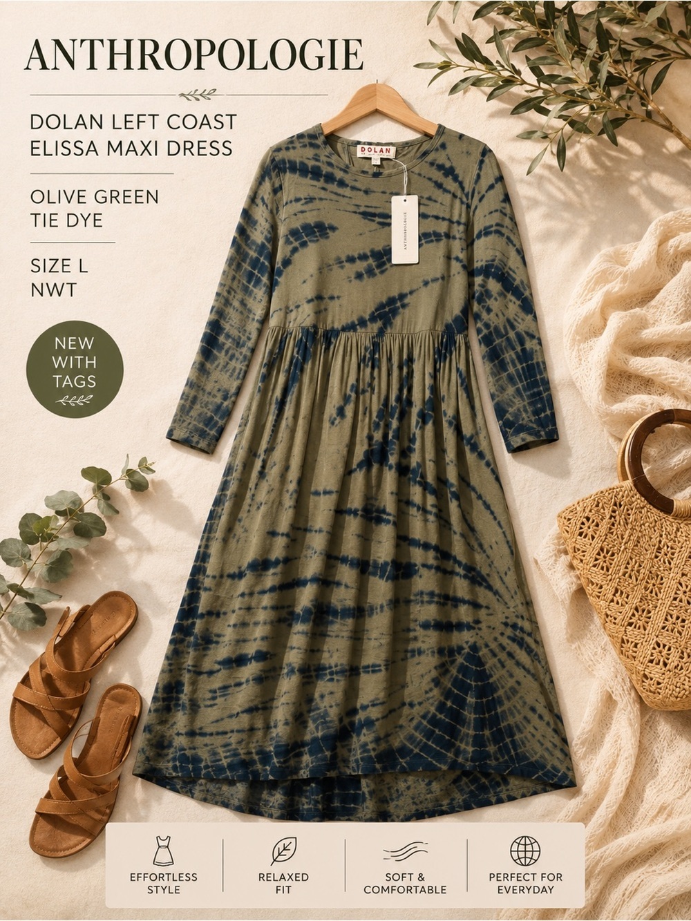 Anthropologie Dolan Elissa Tie Dye Maxi Dress Olive Green Size L NWT